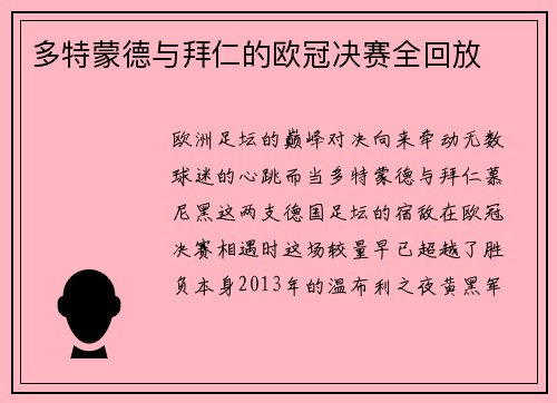 多特蒙德与拜仁的欧冠决赛全回放